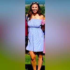 Gianni Bini medium blue striped off the shoulder mini dress.